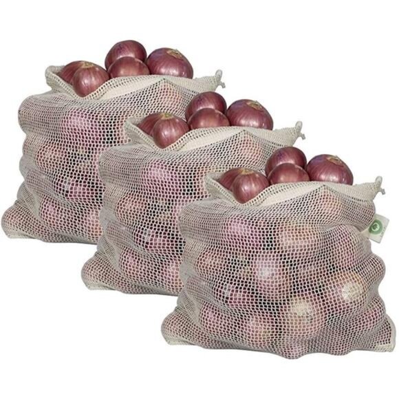 Reusable Onion Storage Bags - Organic Cotton Mesh Onion Bags with Drawstring